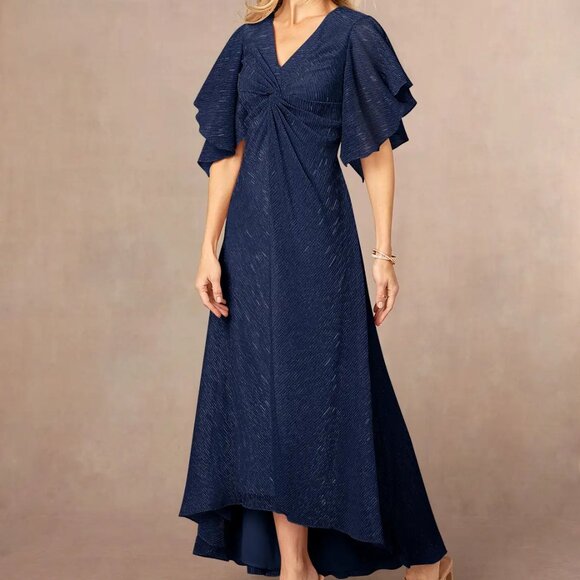 Azazie Mollina A-Line Ruffle Flutter Sleeve Metallic Mesh Dress, Size 26 - Picture 2 of 9